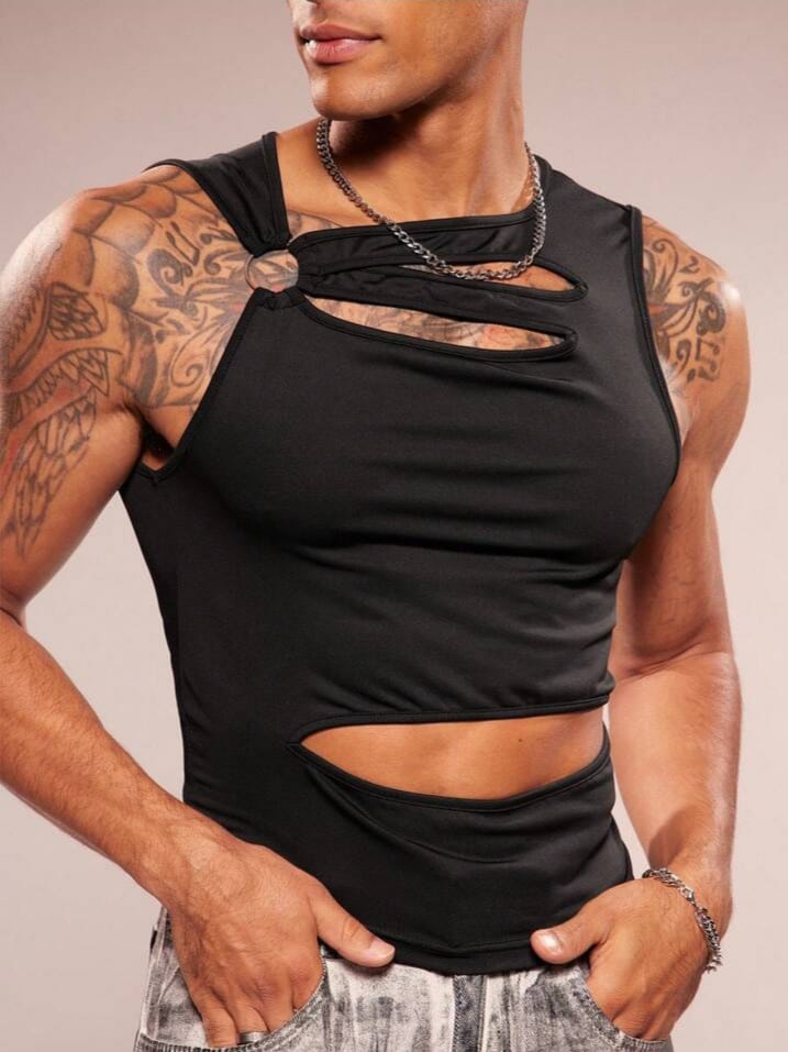 Men's Crew Neck Hollow Out Casual Knit Tank Top